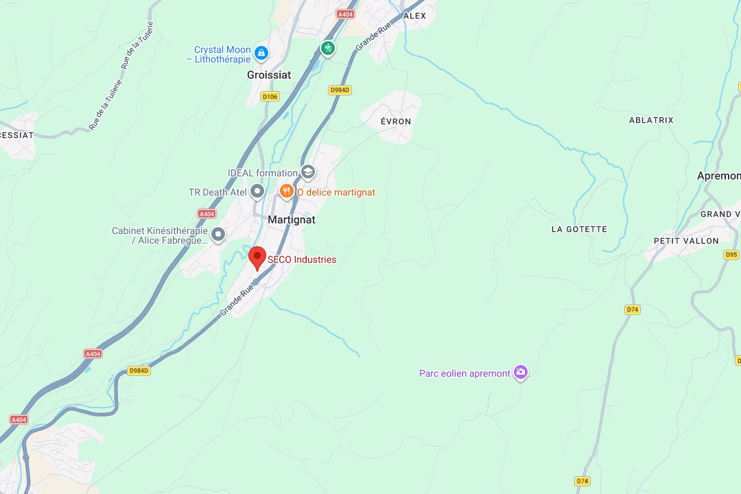 Plan d'accès SECO Industries, ZA du Borrey, Martignat (Ain), carte Google Maps